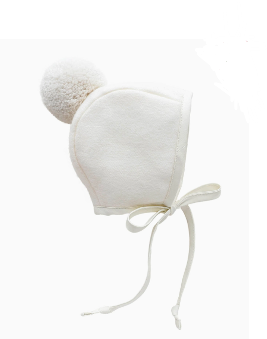 Ivory Pom Bonnet Cotton Lined, 18-24m